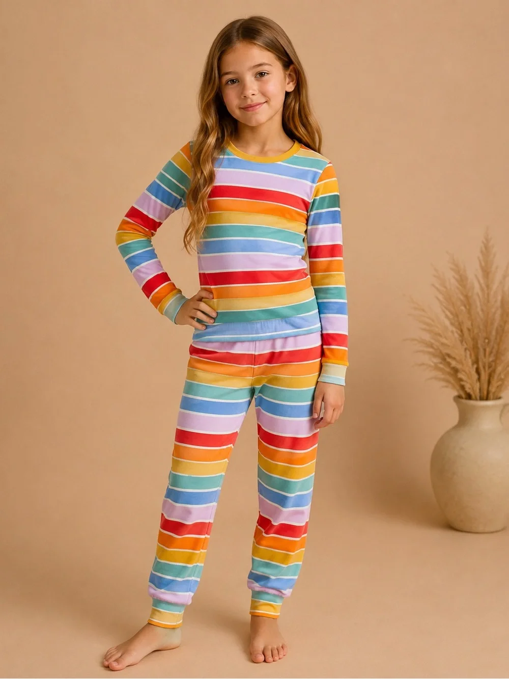 Cat & Jack Girls Rainbow Stripe Pajama Set Size 10 Colorful Long Sleeve